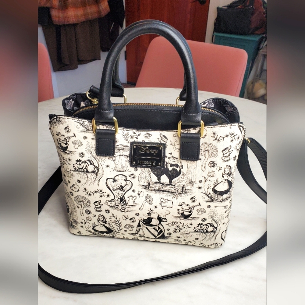 Loungefly Alice in Wonderland Line Art Print Satchel Crossbody Handbag EUC HTF!